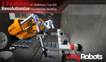 VR4Robots logo over simulator footage with article title about remote handling features