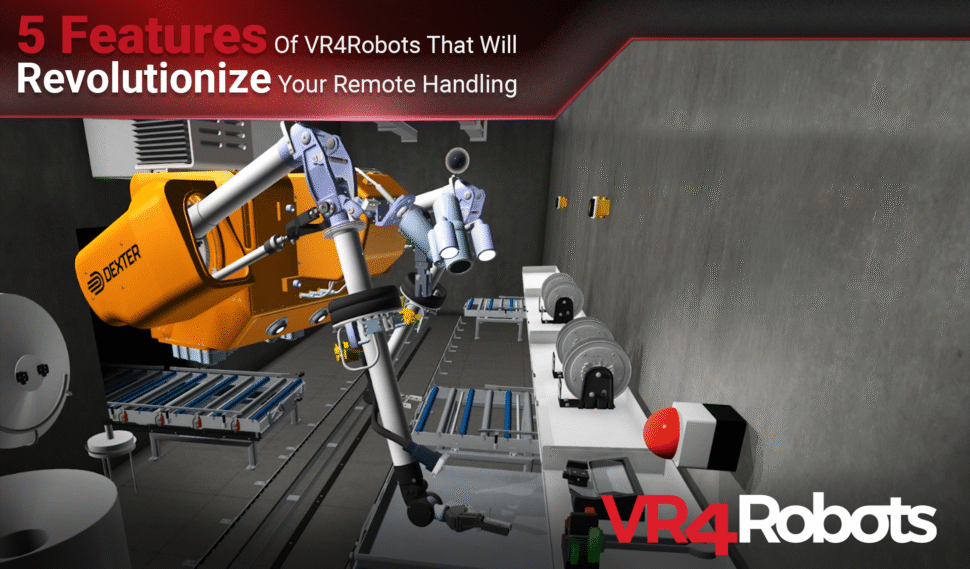 VR4Robots logo over simulator footage with article title about remote handling features